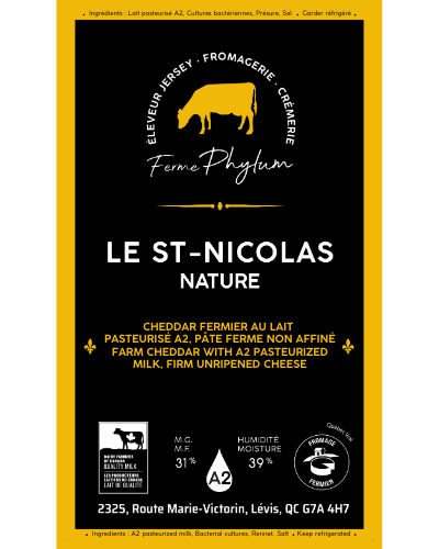 Étiquette, Le St-Nicolas, Fromage type cheddar de la ferme Phylum