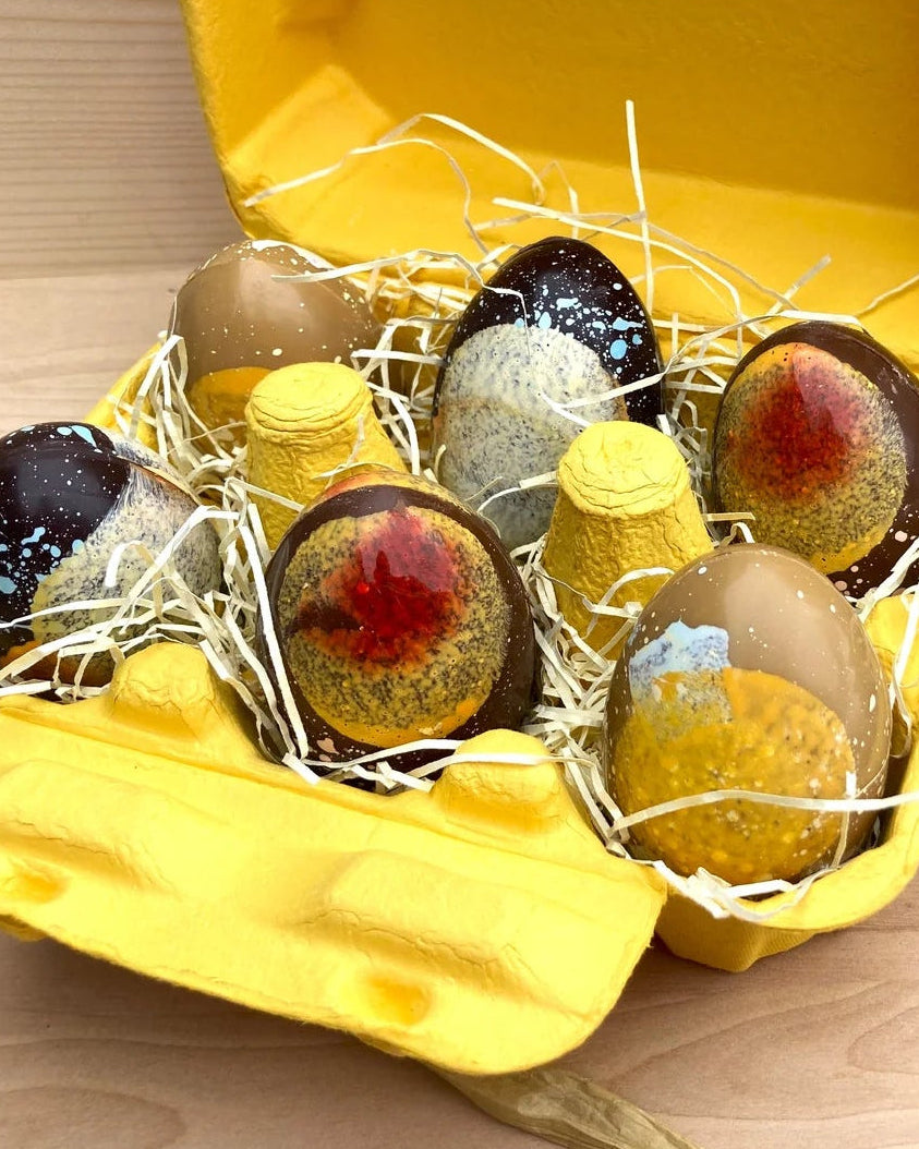 Boîte de six oeufs de Pâques en chocolat de La Cabane sur le roc.