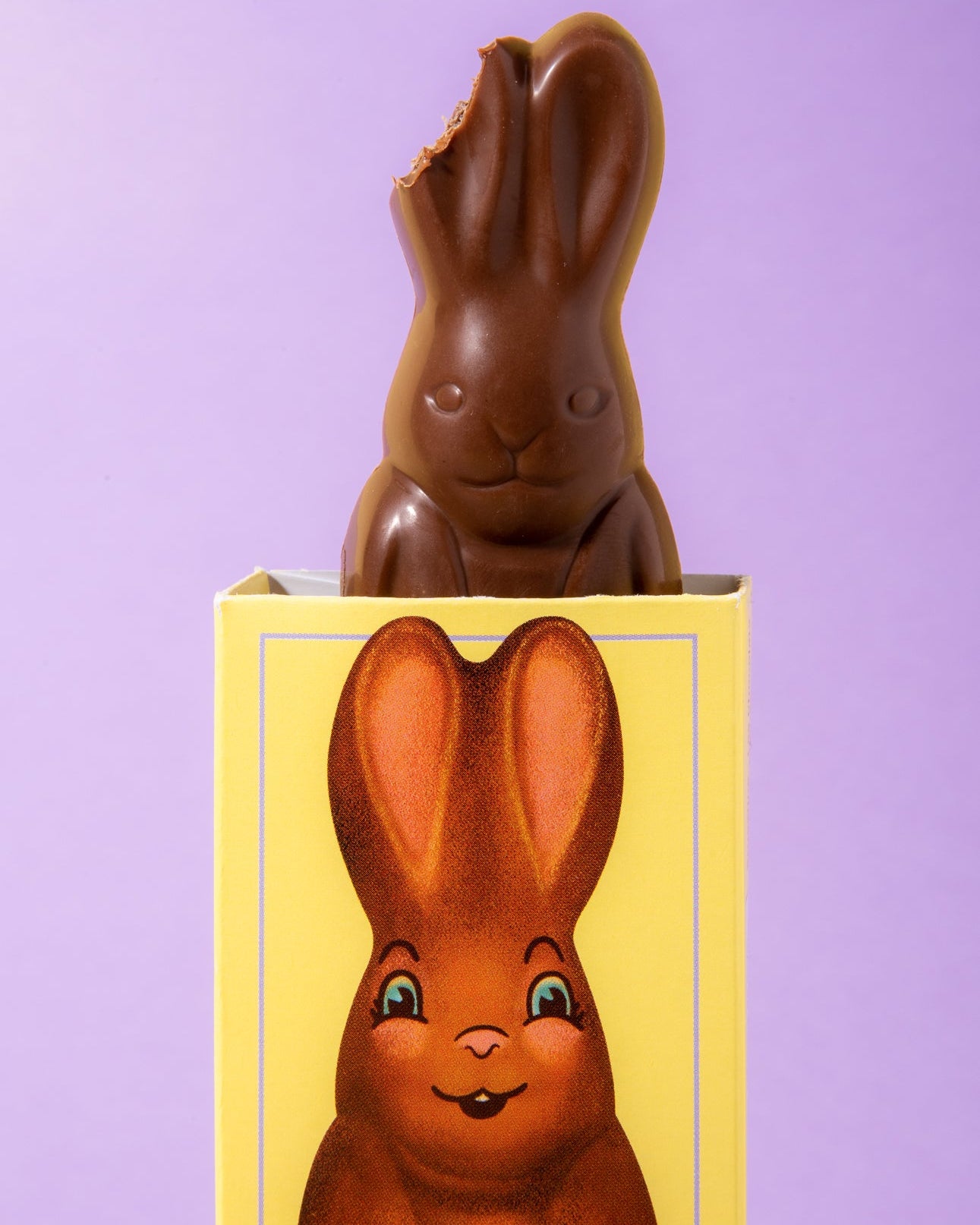 Un lapinot de chocolat avec une oreille brisée de l'entreprise Ernestine.