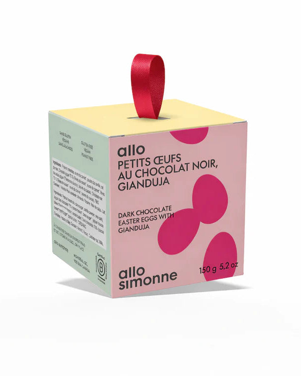 L'emballage des petits oeufs au chocolat gianduja de l'entreprise Allo Simonne.