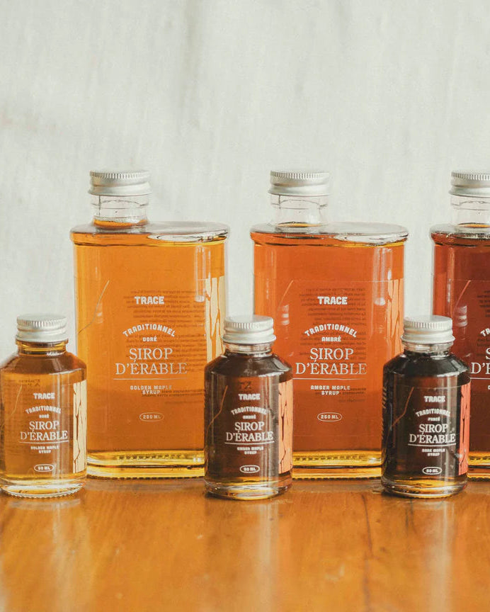 La gamme complète de sirop d'érable pur de l'entreprise Trace - Érable & Territoire.