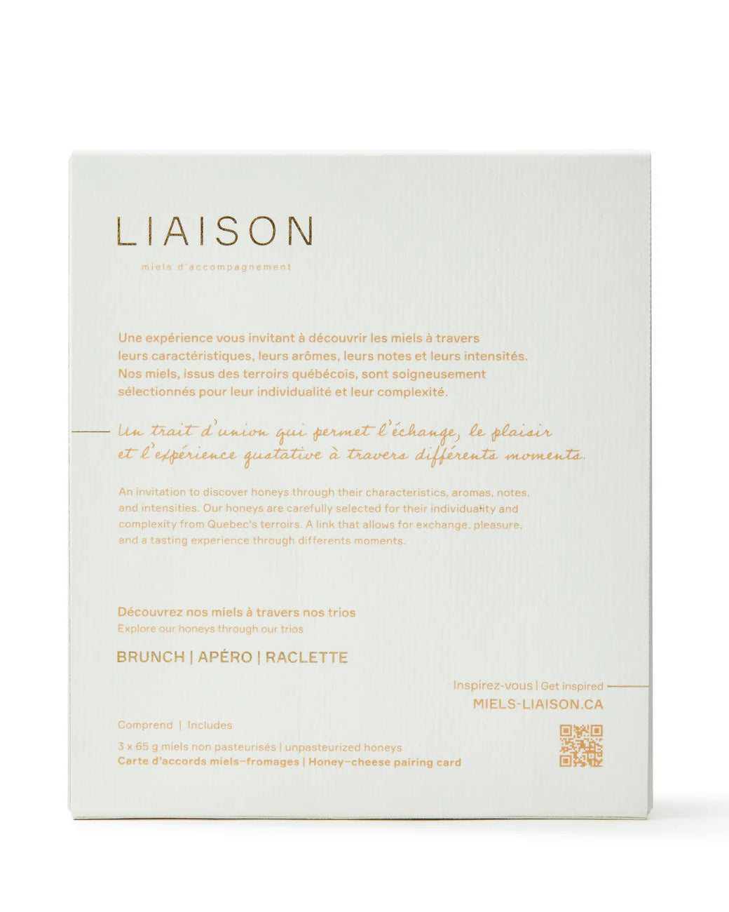 L'arrière du coffret Trio de l'entreprise Miels Liaison.