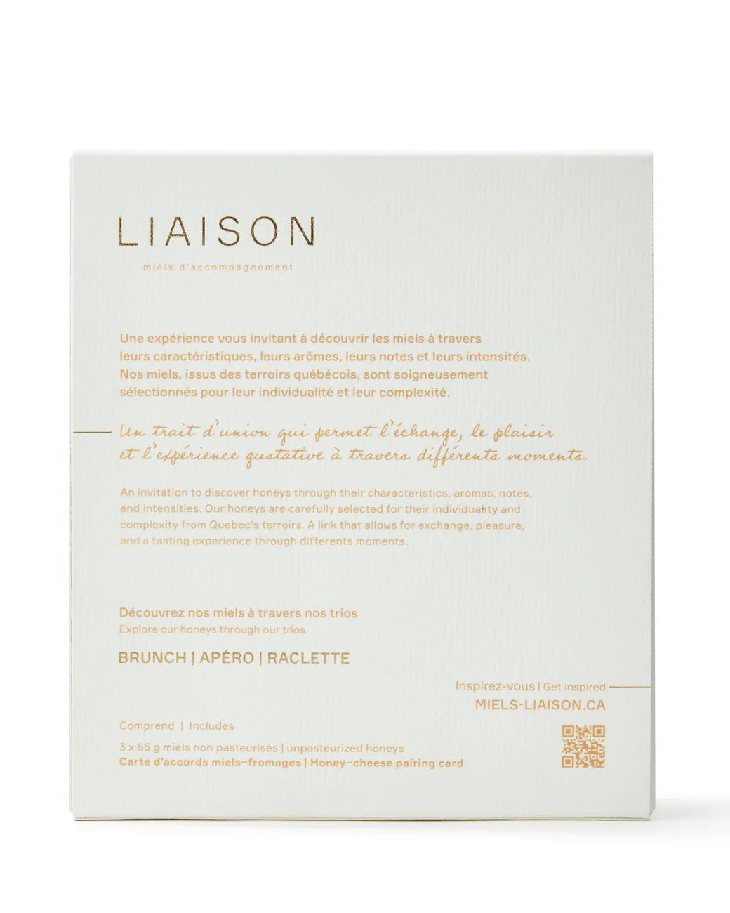 L'arrière du coffret Trio de l'entreprise Miels Liaison.